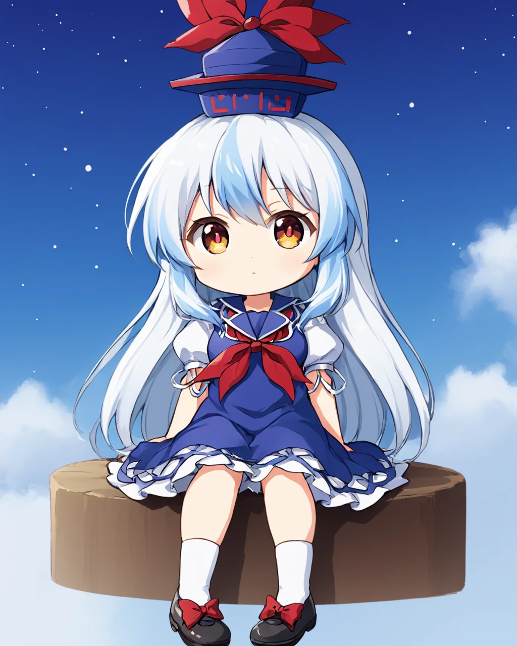 kamishirasawa keine,1girl, solo, hat, blue_dress, white_socks, looking_at_viewer, black_footwear, one-hour_drawing_challenge, puffy_short_sleeves, red_neckerchief, red_bow, shoes, sitting, closed_mouth, sky, chibi, star_\(sky\)
<lora:kamishirasawa_keine_image2095_2023-12-14-000010:1>,star-shaped_pupils,symbol-shaped_pupils,. gorgeous,key visual, vibrant, studio anime,award-winning, professional, highly detailed,high budget, cinemascope