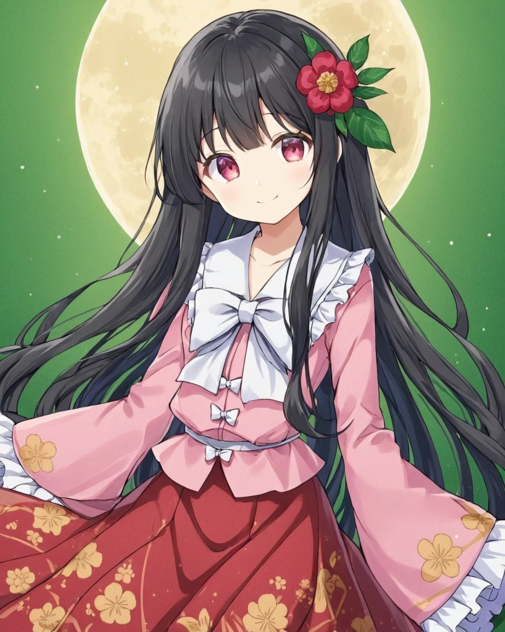 houraisan kaguya,sample_watermark, 1girl, marker_\(medium\), solo, traditional_media, smile, wide_sleeves, closed_mouth, pink_shirt, looking_at_viewer, frilled_skirt, red_skirt, print_skirt, frilled_sleeves, floral_print, red_flower, red_ribbon, holding, frilled_shirt_collar, juliet_sleeves, jeweled_branch_of_hourai, ribbon_trim, cowboy_shot, white_bowtie, head_tilt, moon, window, camellia, leaf_print, frilled_shirt, green_background
<lora:houraisan_kaguya_image2025_2023-12-14:1>,star-shaped_pupils,symbol-shaped_pupils,. gorgeous,key visual, vibrant, studio anime,award-winning, professional, highly detailed,high budget, cinemascope