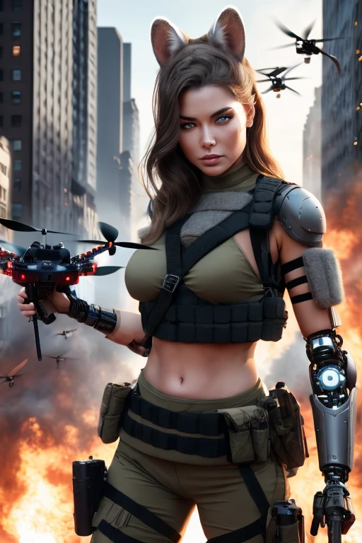 Film still, hyper realistic, intricate, detailed, photo front and center in the city. aesthetic beautiful stacked woman, young with flowing light brown hair and blue eyes, full lips, who has grey racoon ears and tail, curvaceous body wearing a combat top and camo pants, and a tactical chest rig, delicate princess like beauty, showing her cybernetic arms and legs holding a modern american rifle. she's in an action pose firing the rifle off camera, with muzzle flash and rounds in the air, the photo is zoomed to show her alluring form from the waist up, highlighting the firearm, and her beautiful face and eyes. the scene showcasing a blend of urban combat with advanced technology, The background includes the streets of nyc engulfed in battle, with fires and explosions, and the swarm of a dozen quadcopter drones visible in the sky. The scene captures the conflict between human life, technology, her beauty, and the city, emphasizing her active role in urban combat.