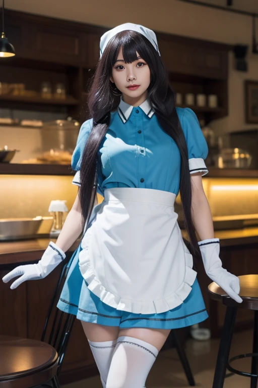 ltra-detailed,highly detailed,best quality,masterpiece,illustration,realistic,photorealistic,
sxkft, waitress, 1girl, solo, cosplay, 
very long hair, bangs, 
shirt, puffy short sleeves, white waist apron,yellow dress, gloves,thighhighs, head scarf, 
looking at viewer, standing, 
photo background, indoors, cafe, 
<lora:sxkft_v1_06:0.7>