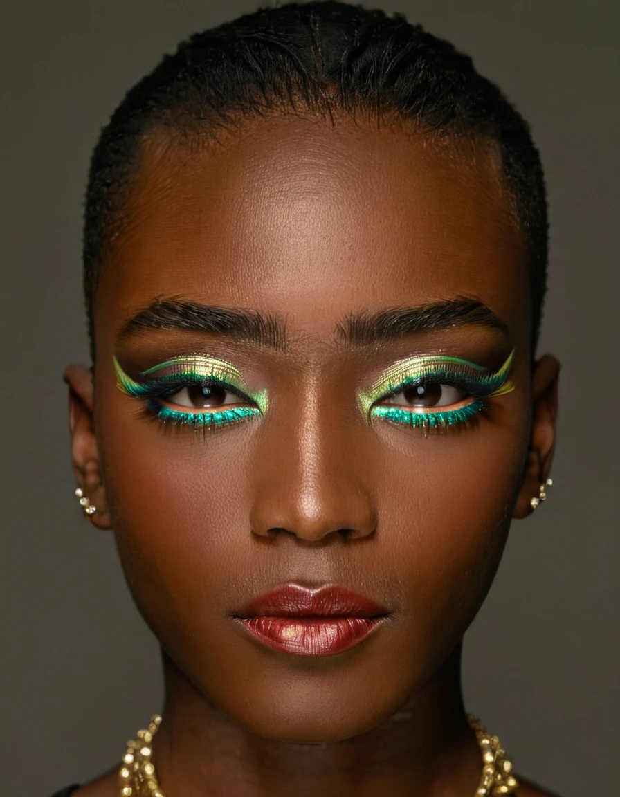 masterpiece,
1boy, very dark skinned, parted lips, makeup, jewelry, portrait, looking at viewer, necklace, eyeshadow, grey eyes, realistic, eyelashes, close-up, simple background, forehead, eyeliner, grey background, nose, lipstick,
studio lighting, cold light, UHD, 8k, DSLR, Canon EOS4
<lora:Modern_MakeUp-000003:.75>, , <lora:FILM_PHOTOGRAPHY_STYLE:0.25>