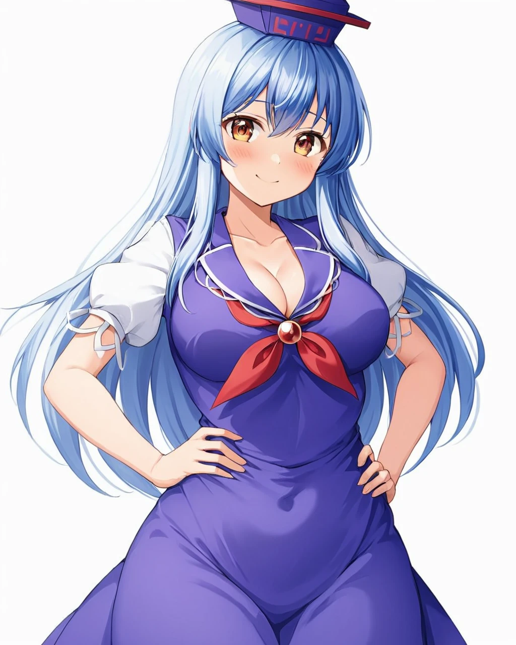 kamishirasawa keine,1girl, solo, hat, smile, blue_dress, white_background, looking_at_viewer, cleavage, puffy_short_sleeves, simple_background, hand_on_hip, blush, medium_breasts
<lora:kamishirasawa_keine_image2095_2023-12-14-000010:1>,star-shaped_pupils,symbol-shaped_pupils,. gorgeous,key visual, vibrant, studio anime,award-winning, professional, highly detailed,high budget, cinemascope