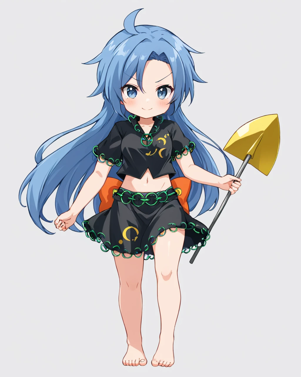 himemushi momoyo,shovel, 1girl, solo, holding, one-hour_drawing_challenge, pickaxe, smile, white_background, barefoot, black_skirt, full_body, simple_background, navel, closed_mouth, orange_bow, short_sleeves, midriff, crop_top, black_shirt, v-shaped_eyebrows, chibi, ring, grey_shirt, standing, ribbon, blush_stickers
<lora:himemushi_momoyo_image586_2023-12-20-000015:1>,star-shaped_pupils,symbol-shaped_pupils,. gorgeous,key visual, vibrant, studio anime,award-winning, professional, highly detailed,high budget, cinemascope