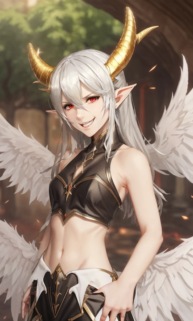 reaonk2023, masterpiece, 5 fingers, depth of field, intricate, photorealistic, white wings, horns, white hair, trending on arstation, evil smile, full body, elf ears