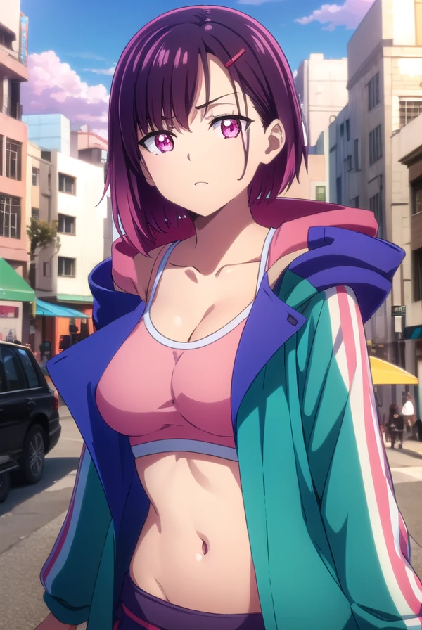 shizukamikazuki, <lora:shizuka mikazuki s1-lora-nochekaiser:1>,
shizuka mikazuki, short hair, purple hair, hair ornament, hairclip, (pink eyes:1.5), swept bangs,
BREAK navel, cleavage, jacket, open clothes, midriff, hood, open jacket, blue jacket, hooded jacket, sports bra, hood down,
BREAK outdoors, city, sky, sun, clouds, buildings,
BREAK looking at viewer,
BREAK <lyco:GoodHands-beta2:1>, (masterpiece:1.2), best quality, high resolution, unity 8k wallpaper, (illustration:0.8), (beautiful detailed eyes:1.6), extremely detailed face, perfect lighting, extremely detailed CG, (perfect hands, perfect anatomy),