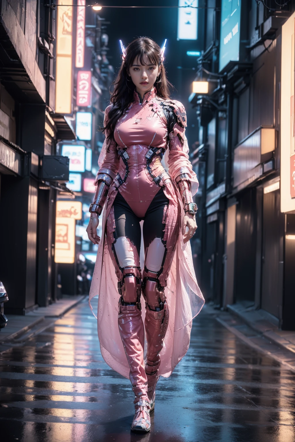 (best quality:1.4),(masterpiece:1.4),(photorealistic:1.4),(Realistic:1.2),(ultra high res, raw photo:1.4),(hdr, hyperdetailed:1.2),(8K:1.2),cinematic photo 1girl,<lora:CyberChineseClothes_A:0.7>,CyberChineseClothes,(Cyberpunk:1.3),solo,cyberpunk,street,science fiction,long hair,neon lights,full body,lips,standing,outdoors,walking,headgear,(chinese clothes:1.15),road,breasts,black hair,looking at viewer,city,realistic,cyborg,arms at sides,jewelry,
