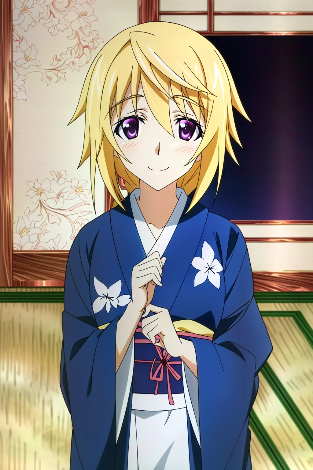 (extremely detailed CG unity 4k wallpaper),(masterpiece),(best quality),(ultra-detailed),(best illustration),(best shadow),(absurdres),(detailed background), <lora:OGT_Charlotte_Dunois-v1:0.9> Charlotte Dunois, 1girl, japanese clothes, purple eyes, blonde hair, kimono, yukata, smile, solo, blush, sash