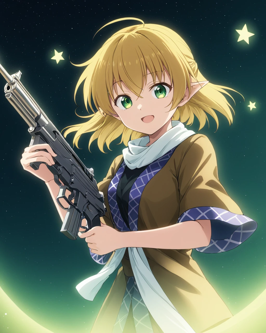 mizuhashi parsee,1girl, solo, scarf, open_mouth, gun, smile, dual_wielding
<lora:mizuhashi_parsee_image5693_2023-12-17-000005:1>,star-shaped_pupils,symbol-shaped_pupils,. gorgeous,key visual, vibrant, studio anime,award-winning, professional, highly detailed,high budget, cinemascope