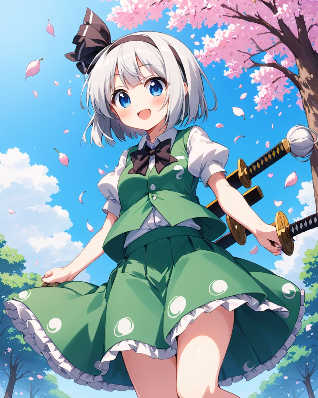 konpaku youmu,1girl, solo, green_skirt, white_shirt, open_mouth, puffy_short_sleeves, green_vest, black_bowtie, smile, collared_shirt, black_hairband, katana, petals, cherry_blossoms, sheathed, tree, blue_background, sky, blush_stickers, v-shaped_eyebrows, standing, skirt_set, black_ribbon, simple_background
<lora:konpaku_youmu_image12882_2023-12-14-000004:1>,star-shaped_pupils,symbol-shaped_pupils,. gorgeous,key visual, vibrant, studio anime,award-winning, professional, highly detailed,high budget, cinemascope