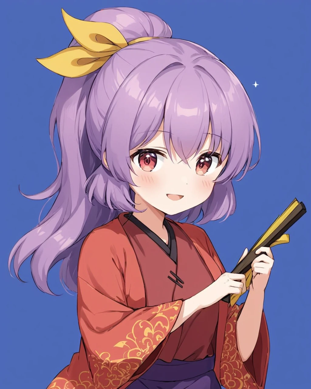 komakusa sannyo,1girl, solo, open_mouth, purple_skirt, simple_background, blue_background, one-hour_drawing_challenge, ponytail, long_sleeves, wide_sleeves, smile, yellow_ribbon, holding_fan, looking_at_viewer, hair_ribbon, folded_fan, blush, holding_smoking_pipe, kiseru, red_kimono
<lora:komakusa_sannyo_image421_2023-12-20:1>,star-shaped_pupils,symbol-shaped_pupils,. gorgeous,key visual, vibrant, studio anime,award-winning, professional, highly detailed,high budget, cinemascope