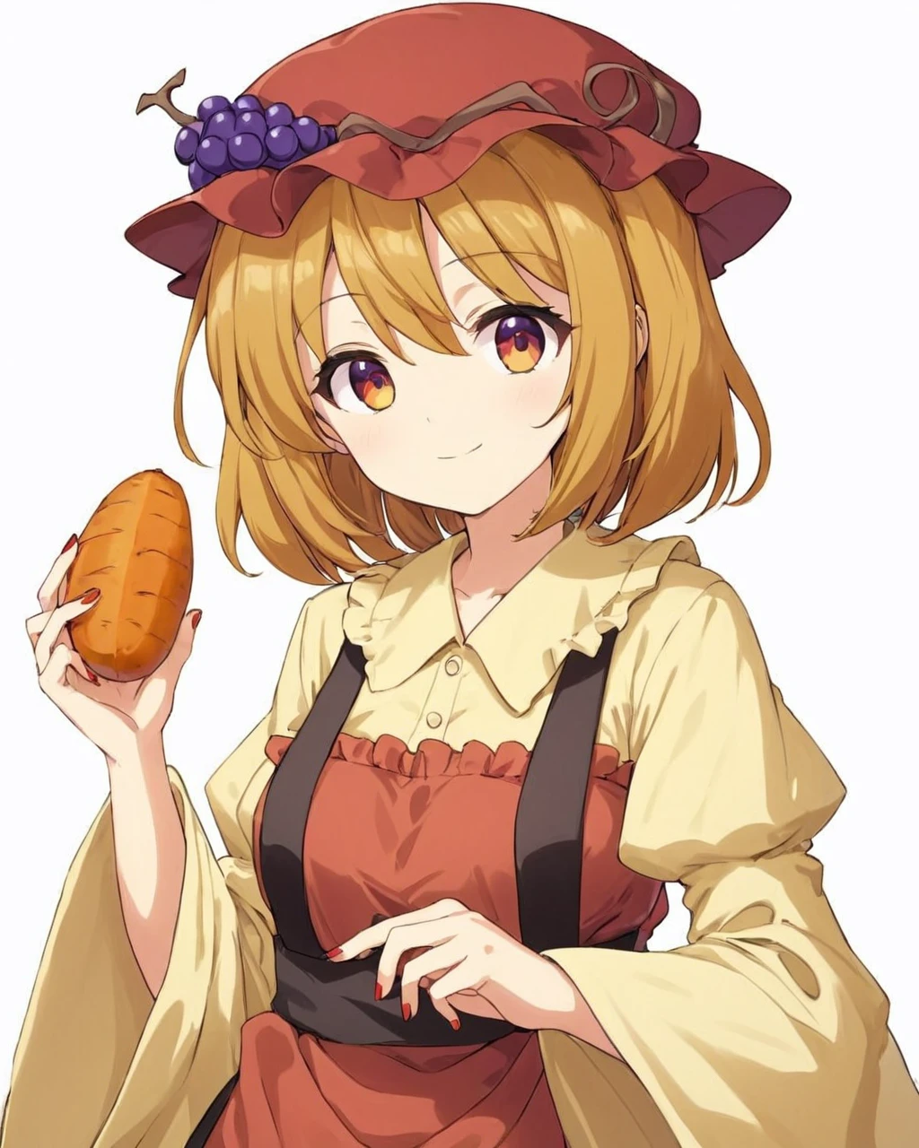 aki minoriko,1girl, solo, sweet_potato, holding_food, smile, simple_background, white_background, long_sleeves, looking_at_viewer, red_apron, mob_cap, grapes, red_headwear, wide_sleeves, closed_mouth, upper_body, dress, nail_polish, shirt, hat_ornament, hands_up
<lora:aki_minoriko_image2428_2023-12-14:1>,star-shaped_pupils,symbol-shaped_pupils,. gorgeous,key visual, vibrant, studio anime,award-winning, professional, highly detailed,high budget, cinemascope