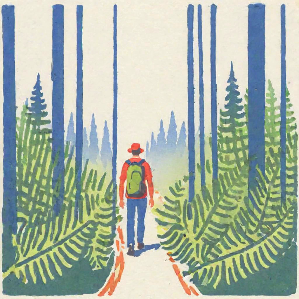 ASCIIIllustration ,man, traveller, camper, walking, path in the ferns, deep forest, on a white background