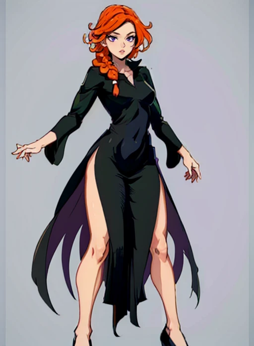 best quality, (masterpiece),(ultra-detailed), (high quality), (high resolution), <lora:Tatsumaki:0.7>, tatsumaki cosplay, dress, black dress, cosplay, shoes, <lora:leah:0.7>, leah, braid, single braid, orange hair, purple eyes