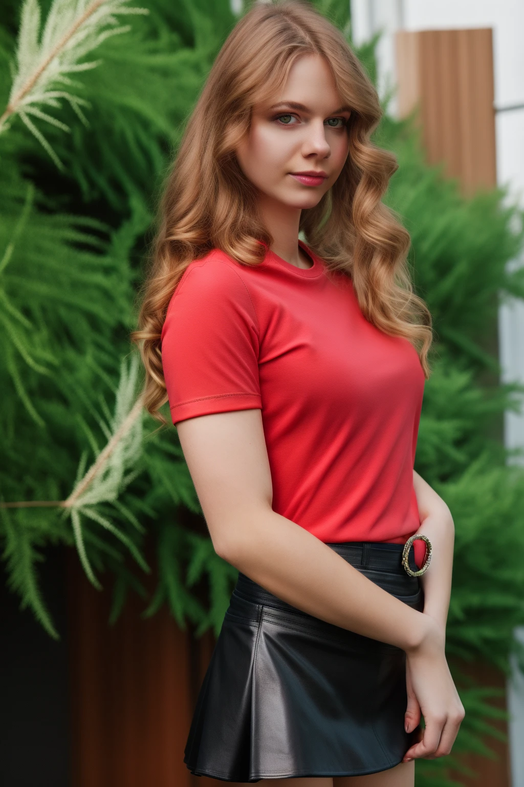 masterpiece,best quality,dslr,realistic,a photo of S4Y4,upper body focus,wavy hair,red shirt,leather skirt,outdoors,<lora:00_Saya_Maya_lora_v1-000003:1>,