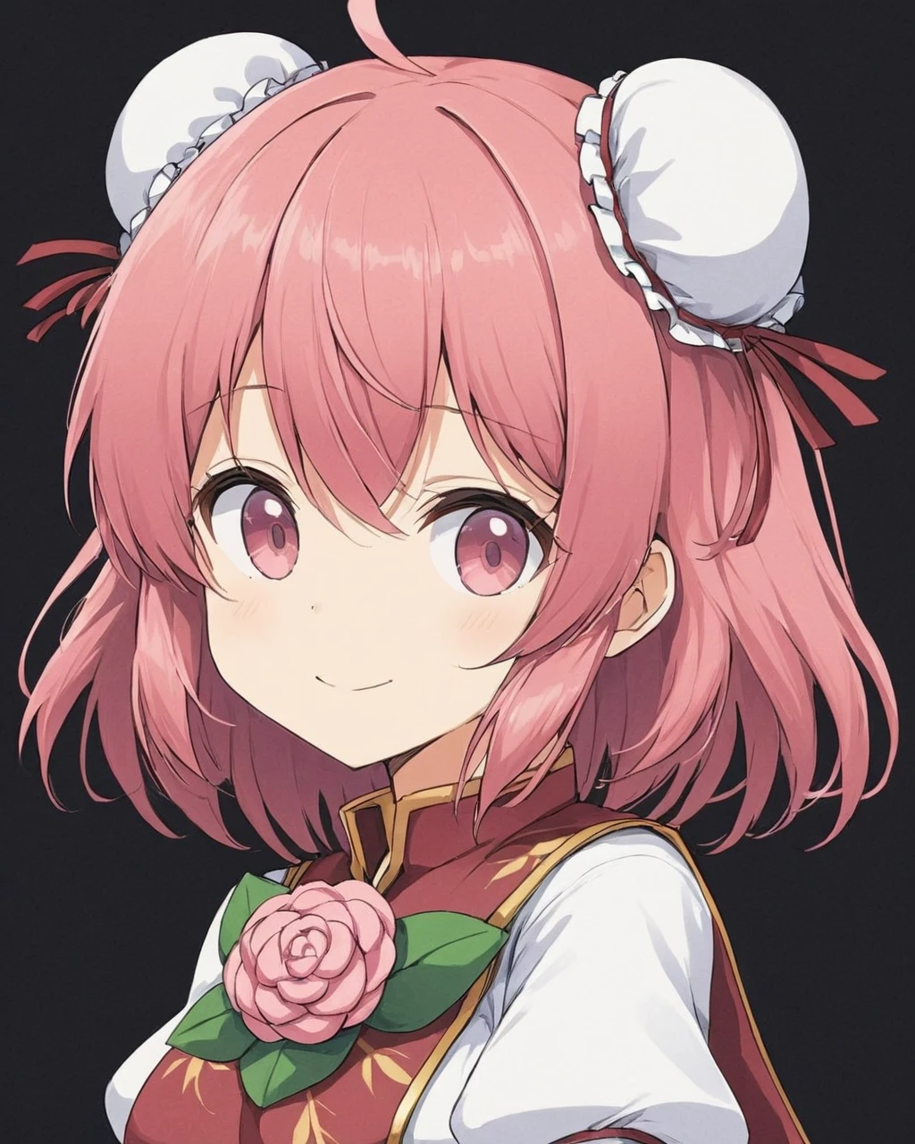 ibaraki kasen,1girl, solo, double_bun, traditional_media, tabard, bandaged_arm, looking_at_viewer, puffy_short_sleeves, smile, bun_cover, green_skirt, black_background, head_tilt, closed_mouth, upper_body, white_shirt, painting_\(medium\), pink_rose, cuffs
<lora:ibaraki_kasen_image2781_2023-12-20:1>,star-shaped_pupils,symbol-shaped_pupils,. gorgeous,key visual, vibrant, studio anime,award-winning, professional, highly detailed,high budget, cinemascope