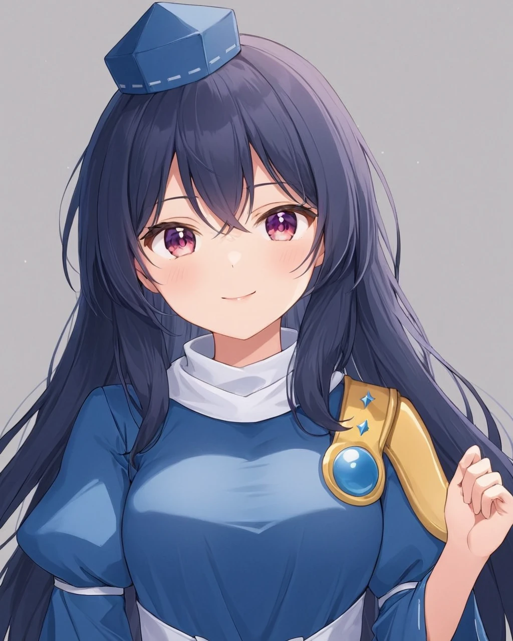 iizunamaru megumu,1girl, solo, blue_dress, tokin_hat, looking_at_viewer, juliet_sleeves, upper_body, simple_background, wide_sleeves, lips, blue_headwear, medium_breasts, closed_mouth, holding, grey_background, smile
<lora:iizunamaru_megumu_image856_2023-12-20-000015:1>,star-shaped_pupils,symbol-shaped_pupils,. gorgeous,key visual, vibrant, studio anime,award-winning, professional, highly detailed,high budget, cinemascope