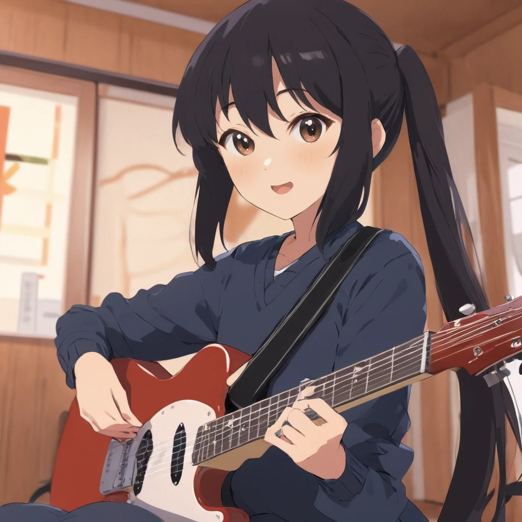 A masterpiece anime professional digital art of a girl named Nakano Azusa playing a mustang guitar at home, closeup portrait, in style of Kyoto Animation, K-ON style <lora:azusa_xl-000012:1>