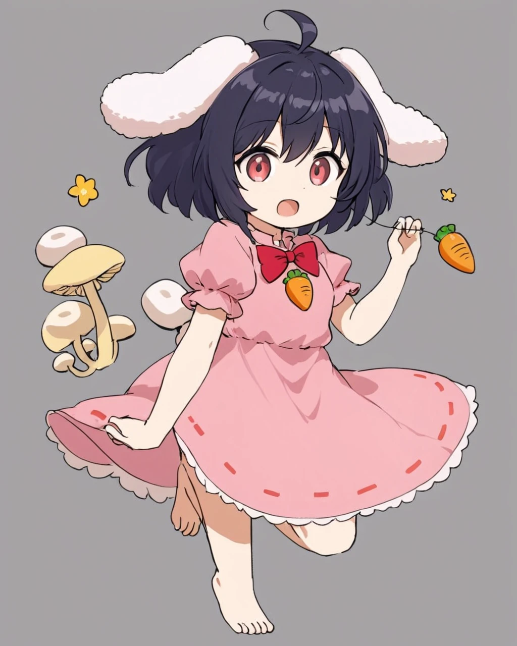 inaba tewi,1girl, carrot, carrot_necklace, solo, puffy_short_sleeves, pink_dress, rabbit_tail, flower, open_mouth, mushroom, simple_background, fruit, :o, ahoge, rabbit_girl, red_bowtie, feet_out_of_frame, grey_background, pendant
<lora:inaba_tewi_image5751_2023-12-14-000008:1>,star-shaped_pupils,symbol-shaped_pupils,. gorgeous,key visual, vibrant, studio anime,award-winning, professional, highly detailed,high budget, cinemascope