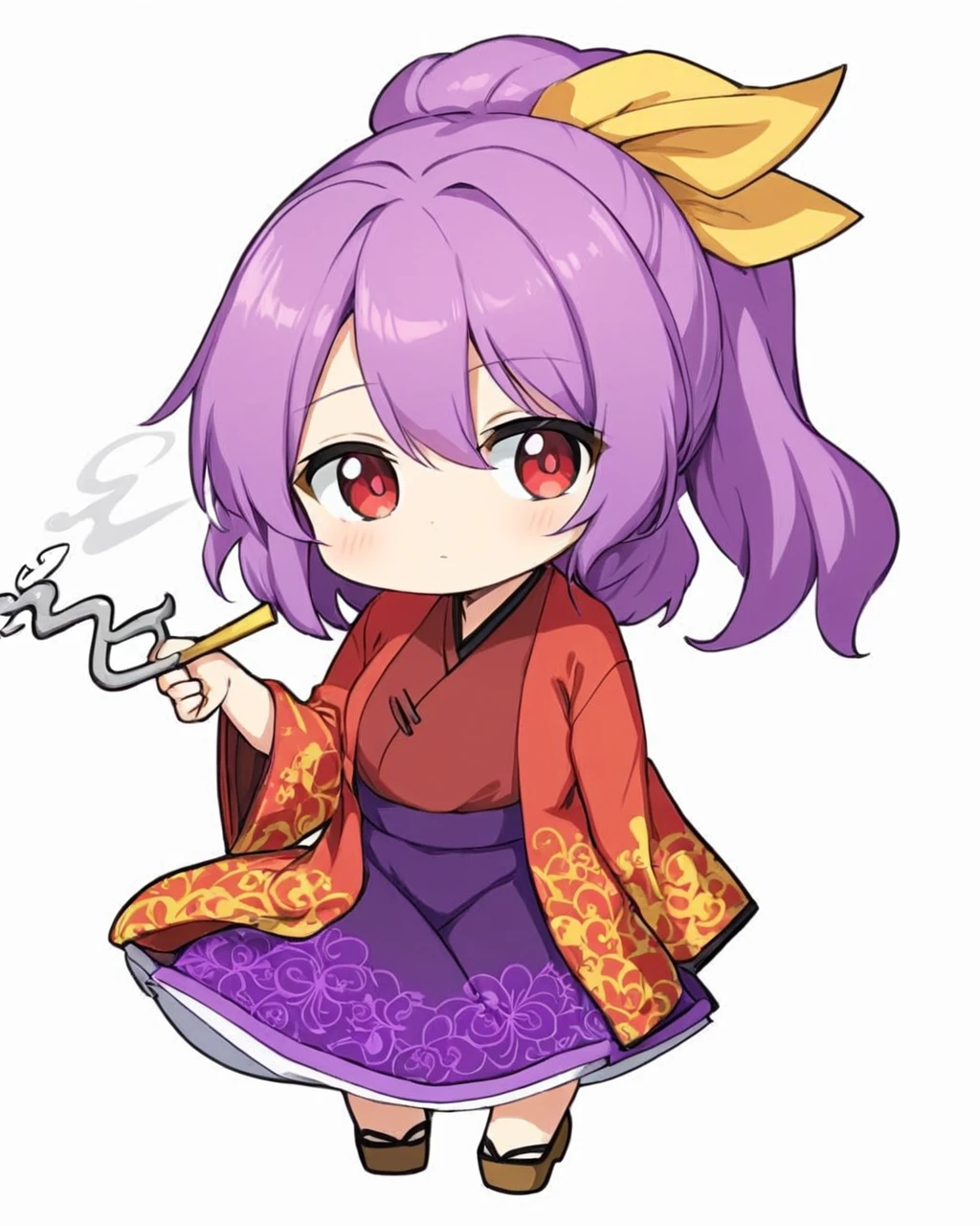 komakusa sannyo,1girl, yellow_ribbon, solo, red_kimono, white_background, simple_background, ponytail, holding_fan, dice, chibi, folding_fan, hair_ribbon, wide_sleeves, looking_at_viewer, purple_skirt, covering_mouth, long_sleeves, full_body, smoking_pipe, smoke
<lora:komakusa_sannyo_image421_2023-12-20:1>,star-shaped_pupils,symbol-shaped_pupils,. gorgeous,key visual, vibrant, studio anime,award-winning, professional, highly detailed,high budget, cinemascope