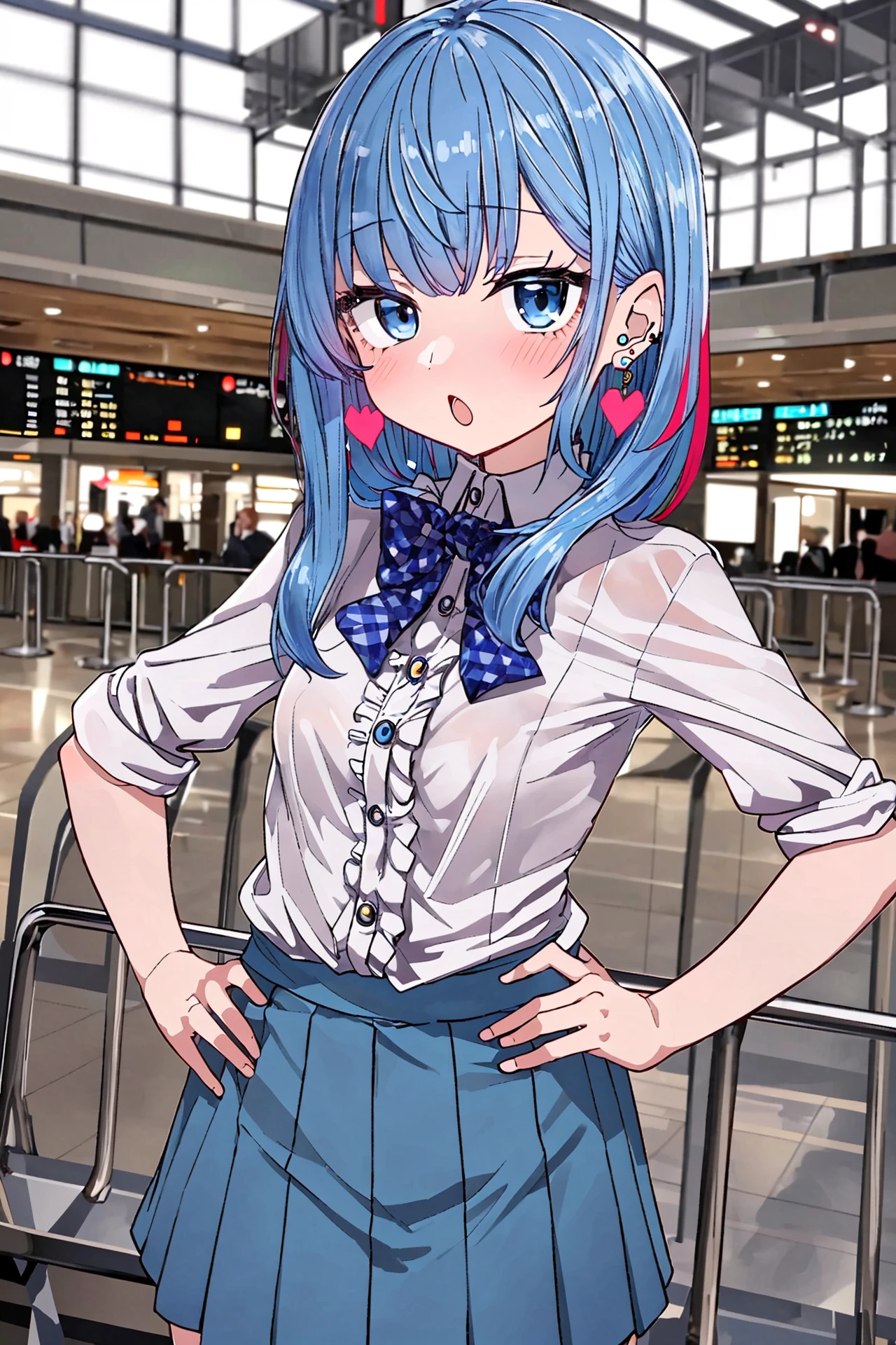 <lora:sumiyao+MEI2-000014:0.7> sumiyao+, (masterpiece, top quality, extremely detailed, best quality, beautiful and aesthetic:1.2), (1girl:1.3), original, high resolution, surreal,, close-up, airport, windy, hands on hips, multicolored hair, very long hair, pixie cut, blue eyes, young, __frilled_shirt_and_long_skirt1__, small breasts, :o, heart earrings, happy