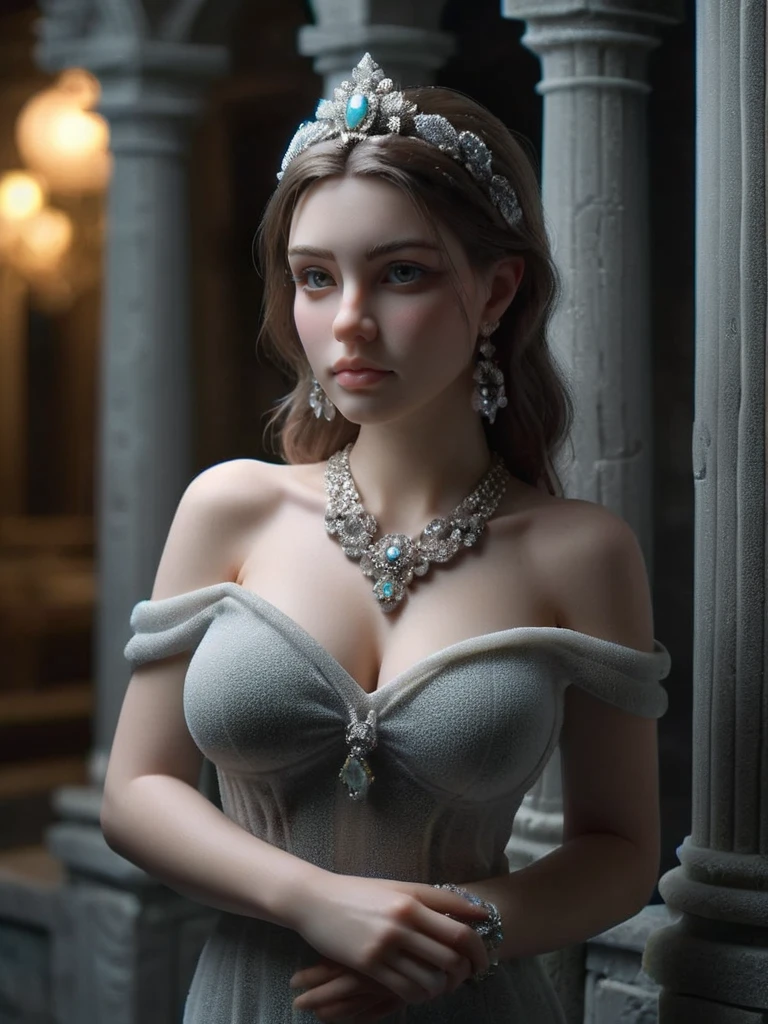 a beautiful girl,plump,(full body:1.2), looking at viewer, ornament,jewelry,Crystal clear,transparent texture,unique to high-end jewelry texture,glass material,soft light,The halls of ancient mansions,at night,the shadows of lights <lora:ral-fittingfoam:1> ral-fittingfoam