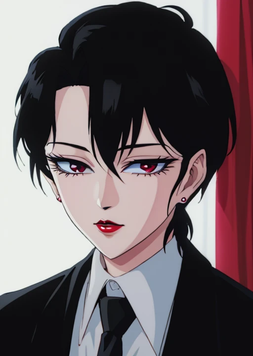 <lora:makie:1> makie, 1girl, solo, black hair, jewelry, earrings, makeup, lipstick, stud earrings, portrait, looking at viewer, short hair, shirt, necktie, formal, suit, red lips, (masterpiece, best quality:1.2), award winning, masterpiece, vibrant, volumetric lighting
