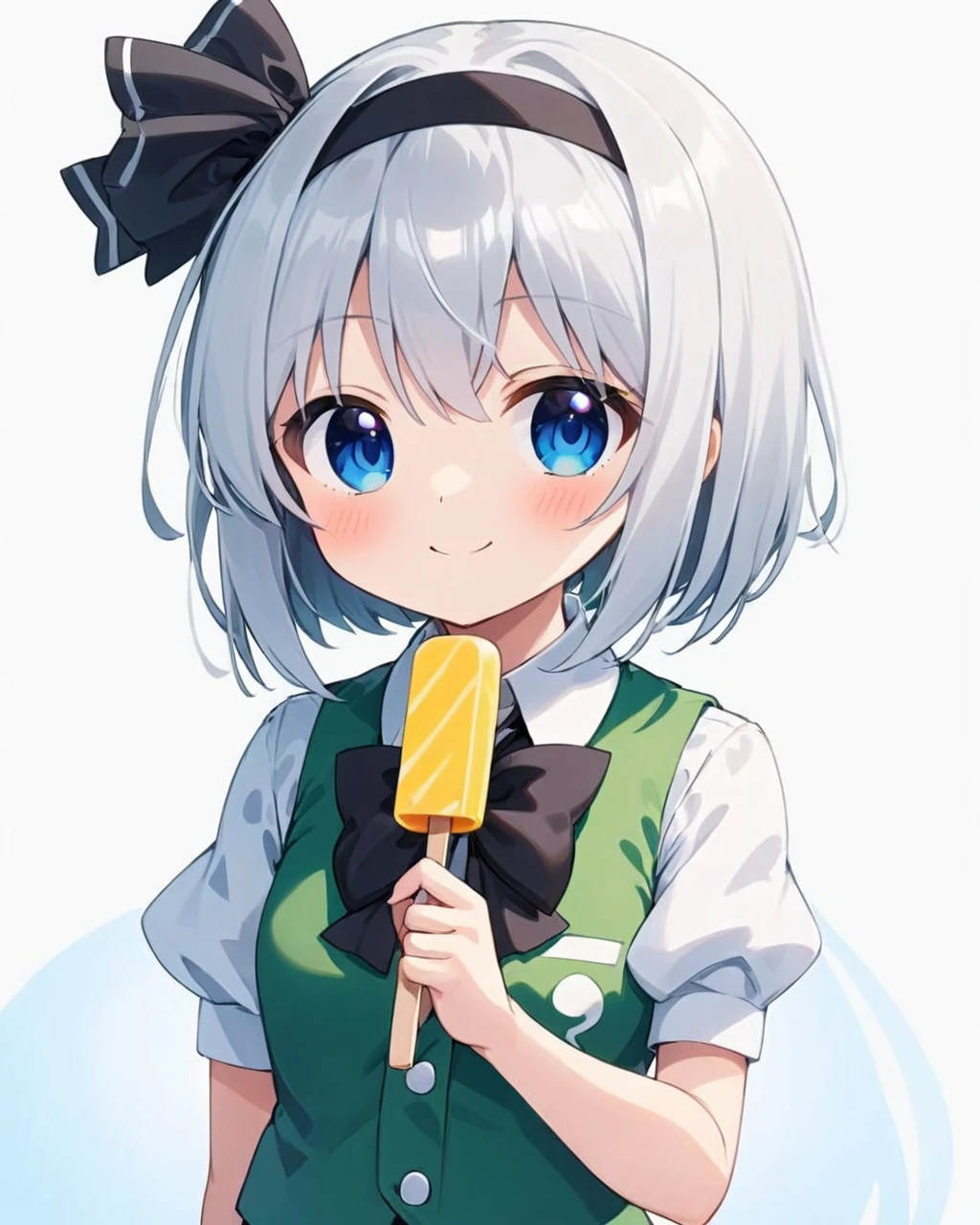 konpaku youmu,1girl, solo, popsicle, smile, green_vest, white_background, simple_background, holding_food, black_hairband, closed_mouth, white_shirt, collared_shirt, green_skirt, blush, puffy_short_sleeves, looking_at_viewer, upper_body, hitodama, v-shaped_eyebrows, black_ribbon, sparkle, buttons, black_bowtie, crossed_arms
<lora:konpaku_youmu_image12882_2023-12-14-000004:1>,star-shaped_pupils,symbol-shaped_pupils,. gorgeous,key visual, vibrant, studio anime,award-winning, professional, highly detailed,high budget, cinemascope