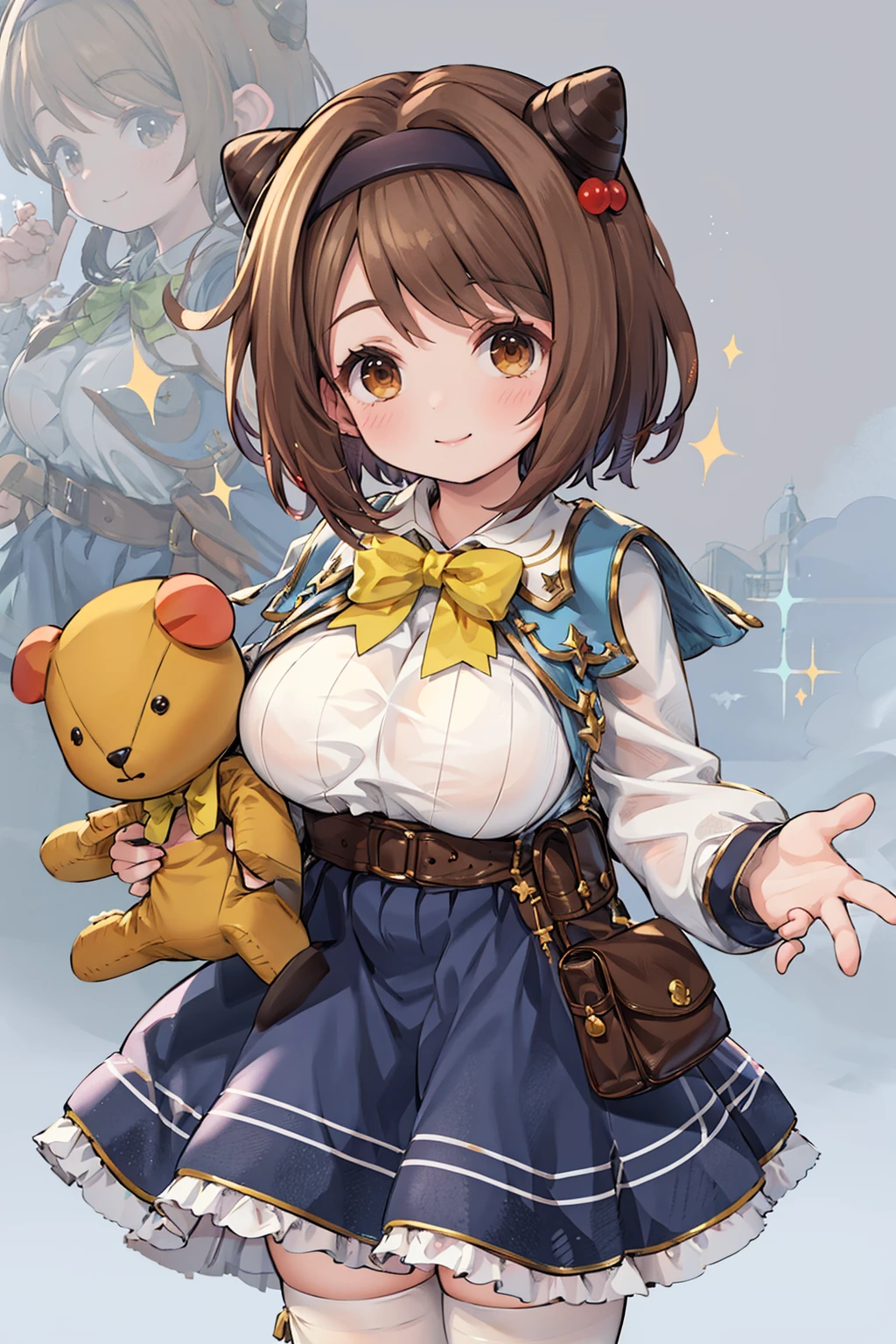<lora:hiting-yaia2:0.9> , masterpiece, (3d, realistic:0.9), (large breasts), yaiaori, smile, white thighhighs, blue skirt, brown hair, brown eyes, horns, holding teddy bear