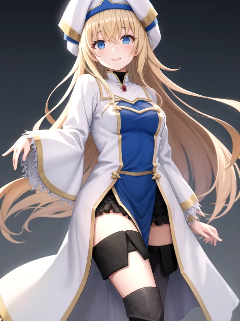 <lora:Priestess:1> priestess \(goblin slayer\), blonde hair, long hair, blue eyes, white headwear, dress, long sleeves, hat, thighhighs, thigh boots