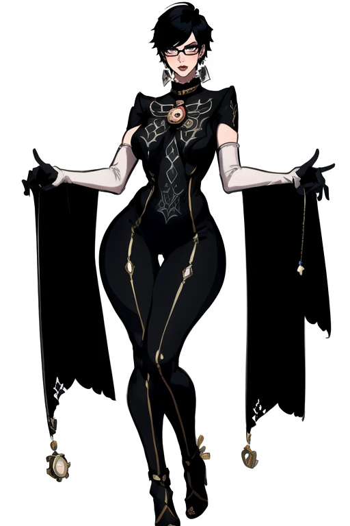 <lora:bayonetta:0.8>,bayonetta2,1girl,solo,looking at viewer,short hair,simple background,black hair,gloves,jewelry,earrings,glasses,elbow gloves,white gloves,mole,lips,bodysuit,makeup,alternate hairstyle,lipstick,mole under mouth,eyeshadow,alternate hair length,amulet,full body,(curvy),