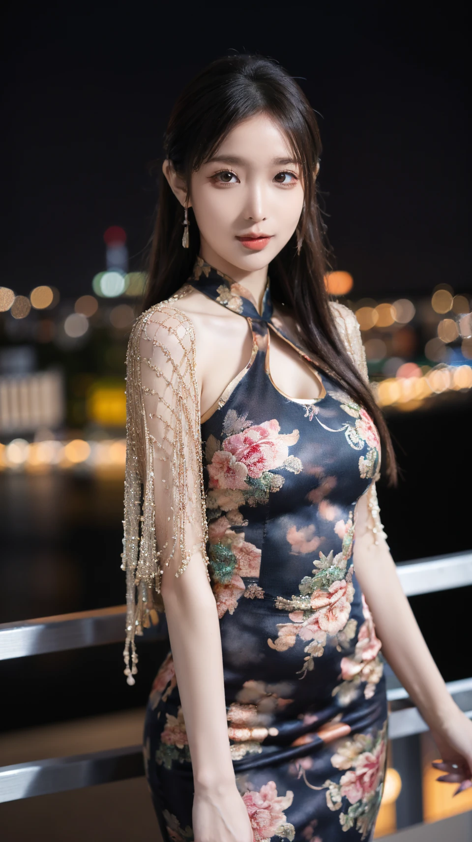 best quality,HDR,UHD,8K,Vivid Colors,solo,photo_(medium),pov,cute & girly,(night:1.4),(looking at viewer:1.5),city lights,street,<lora:rc38:0.75>,rc,chinese dress,print dress,capelet,
