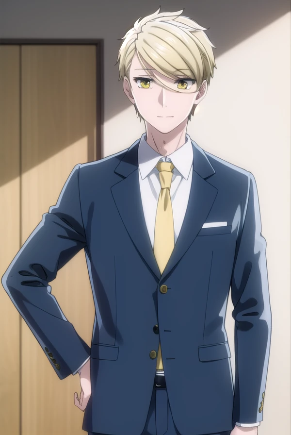 ryouamakusa, <lora:ryou amakusa s1-lora-nochekaiser:1>,
ryou amakusa, short hair, blonde hair, (yellow eyes:1.5), male focus, smile,
BREAK shirt, long sleeves, jacket, white shirt, necktie, pants, formal, blazer, suit, red necktie,
BREAK indoors, office,
BREAK looking at viewer, (cowboy shot:1.5),
BREAK <lyco:GoodHands-beta2:1>, (masterpiece:1.2), best quality, high resolution, unity 8k wallpaper, (illustration:0.8), (beautiful detailed eyes:1.6), extremely detailed face, perfect lighting, extremely detailed CG, (perfect hands, perfect anatomy),