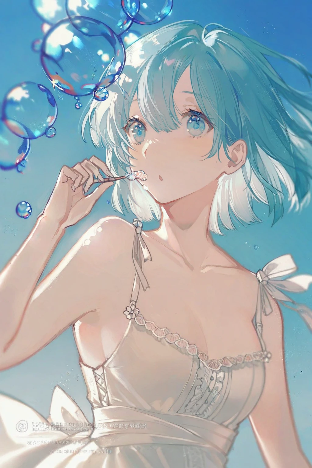 high quality, best quality, by senryoko, 1girl, solo, bubble, bubble blowing, breasts, short hair, dress, upper body, open mouth, bangs, sky, blue eyes, white dress, bare shoulders, blue hair, sleeveless, blue sky, <lora:senryoko:1>