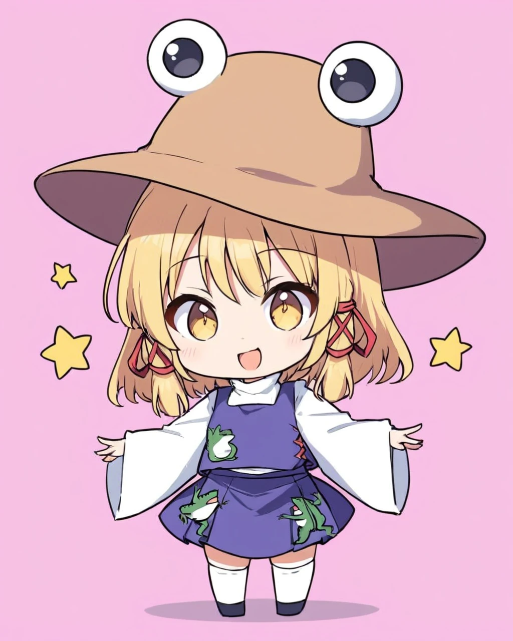 moriya suwako,1girl, solo, horizontal_pupils, purple_vest, long_sleeves, white_shirt, pink_background, hat, wide_sleeves, red_ribbon, frog, simple_background, chibi, looking_at_viewer, brown_headwear, open_mouth, turtleneck, tongue_out, skirt, hair_ribbon, white_thighhighs, full_body, wariza, smile
<lora:moriya_suwako_image6645_2023-12-17-000007:1>,star-shaped_pupils,symbol-shaped_pupils,. gorgeous,key visual, vibrant, studio anime,award-winning, professional, highly detailed,high budget, cinemascope