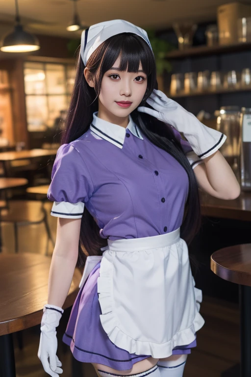 ltra-detailed,highly detailed,best quality,masterpiece,illustration,realistic,photorealistic,
sxkft, waitress, 1girl, solo, cosplay, 
very long hair, bangs, 
shirt, puffy short sleeves, white waist apron,purple dress, gloves,thighhighs, head scarf, 
looking at viewer, standing, 
photo background, indoors, cafe, 
<lora:sxkft_v1_06:0.7>