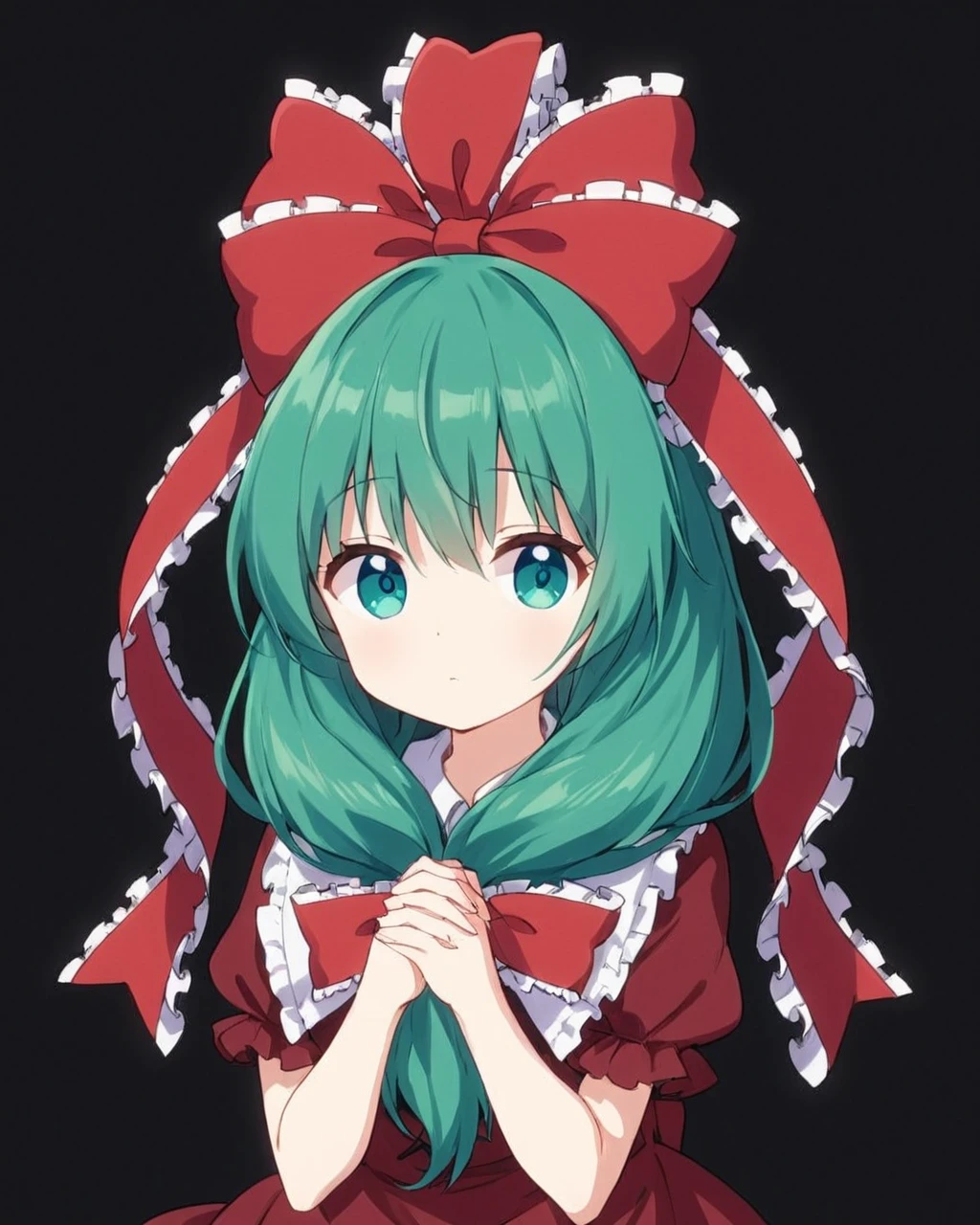 kagiyama hina,1girl, solo, frilled_ribbon, front_ponytail, looking_at_viewer, red_ribbon, red_dress, hair_bow, own_hands_together, hair_ribbon, upper_body, red_bow, black_background, simple_background, frilled_bow, parted_lips, artist_name
<lora:kagiyama_hina_image8413_2023-12-14:1>,star-shaped_pupils,symbol-shaped_pupils,. gorgeous,key visual, vibrant, studio anime,award-winning, professional, highly detailed,high budget, cinemascope