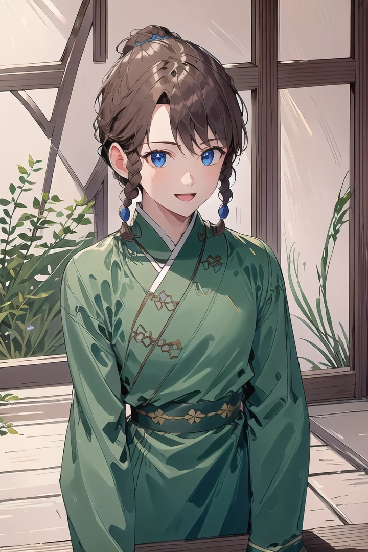 1boy, (Highest picture quality), (Master's work), (ultra-detailed), (Detailed eye description:1.2), (masterpiece, best quality, high quality, highres, ultra-detailed), solo, dark blue eyes, brown hair, braids, asymmetrical bangs, (bunch top of head:1.3), green clothes, stand near window, chinese room, trees, leaves in air, warm atmosphere, sunny day, looks at the street, leaned on the windowsill, smiles, :D , back to the viewer, hide hands, <lora:HuJia2:1>