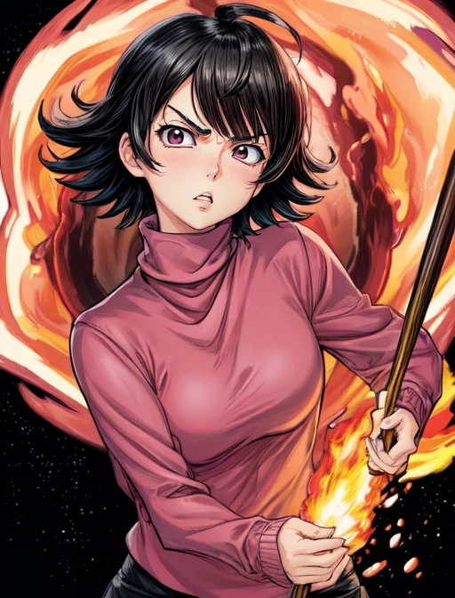 best quality, masterpiece, highres, detailed, digital illustration, <lora:Tools - add_detail:0.2>, SaikiKurumi, short hair, black hair, swept bangs, pink turtleneck sweater, mature woman, ahoge, <lora:SaikiKurumi-10:0.8>, angry, araki hirohiko \(style\), jojo pose, fire, on fire, upper body,