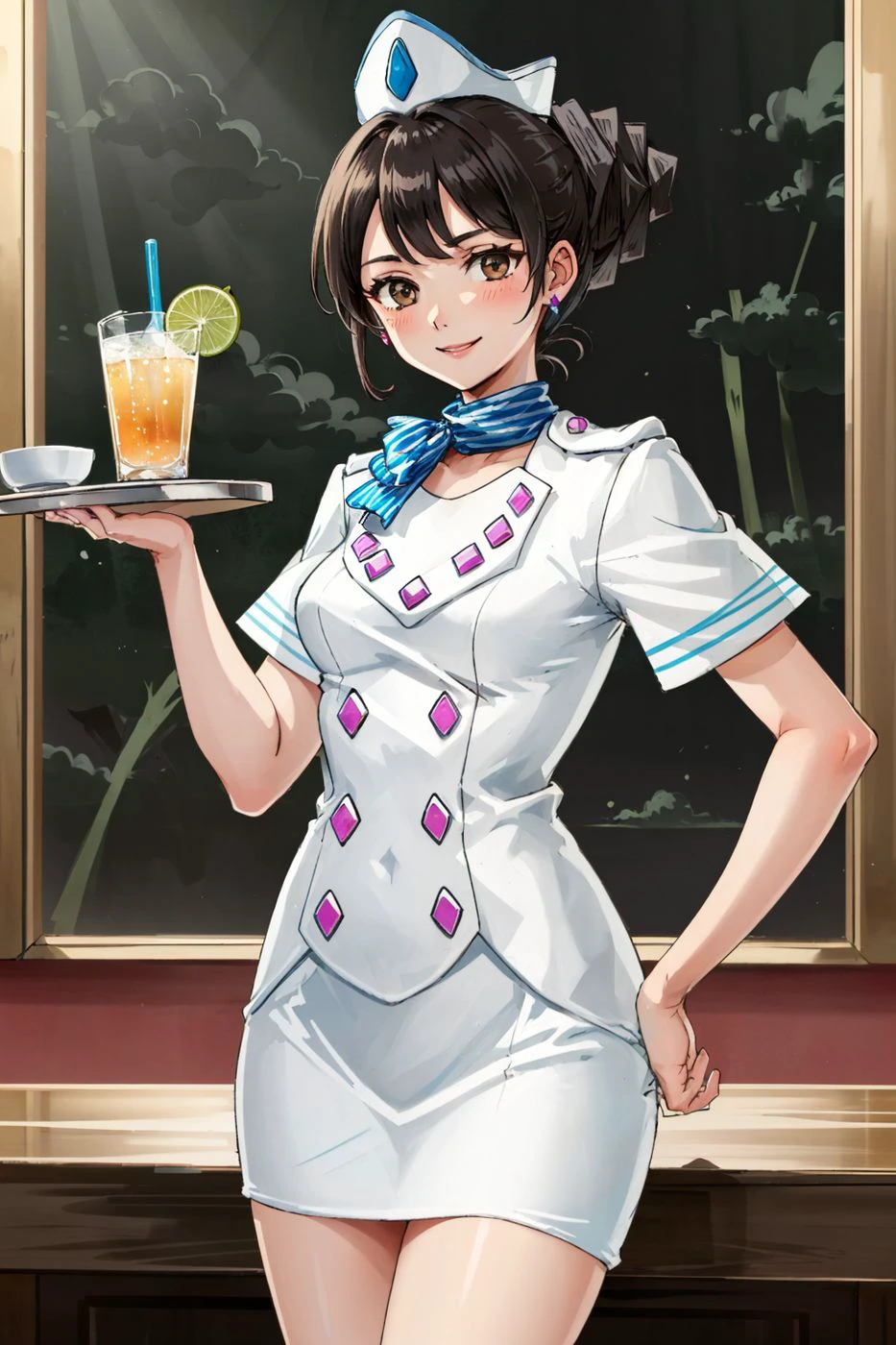 (masterpiece, best quality, high res:1.3), absurd res, rhodateneiro, brown eyes, ponytail, white uniform, short sleeves, skirt, smile, hat, holding tray with drinks, <lora:RhondaTeneiro:0.85>