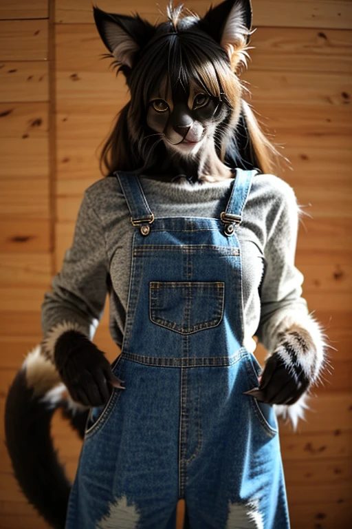 <lora:CatgirlLoraV5:1> catgirl, overalls, fur, covered in fur