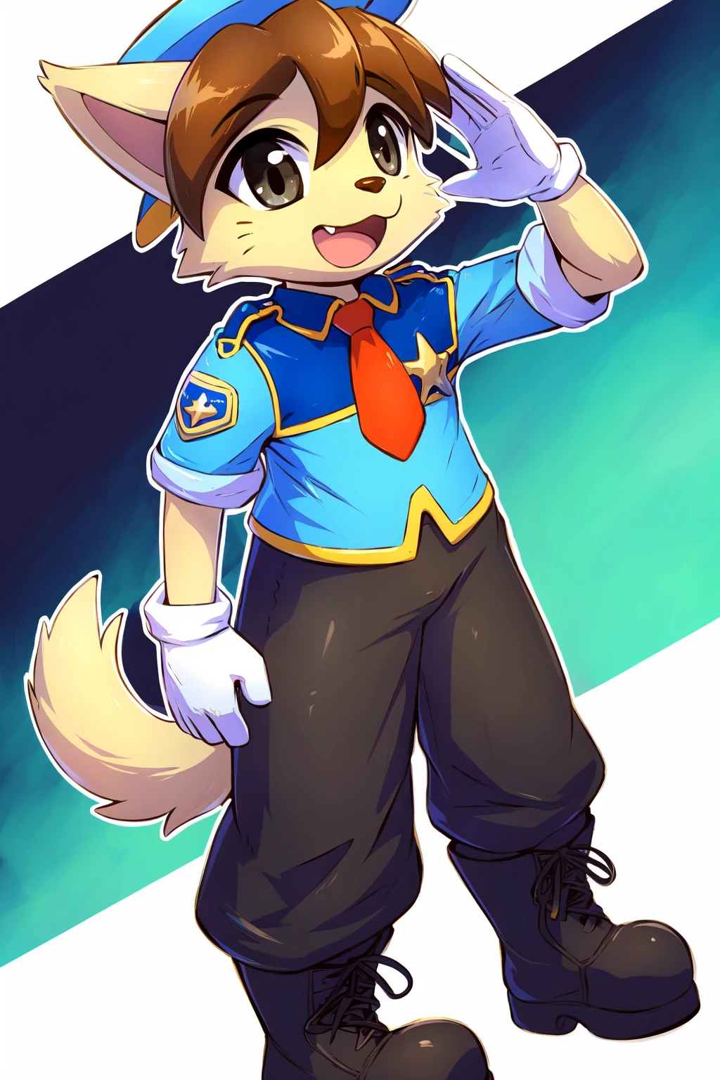 waffletc, 1boy, solo, by rilex lenov, dutch angle, furry male, dog boy, police uniform, police hat, boots, gloves, short sleeves, badge, pants, animal nose, animal ears, grey eyes, standing, detailed eyes, body fur, whiskers, brown hair, open mouth, :3, :d, fang, tail, red necktie, full body, arm up, salute, (masterpiece, best quality:1.3) simple background, white background, 8k, hdr <lora:waffleTC:1>