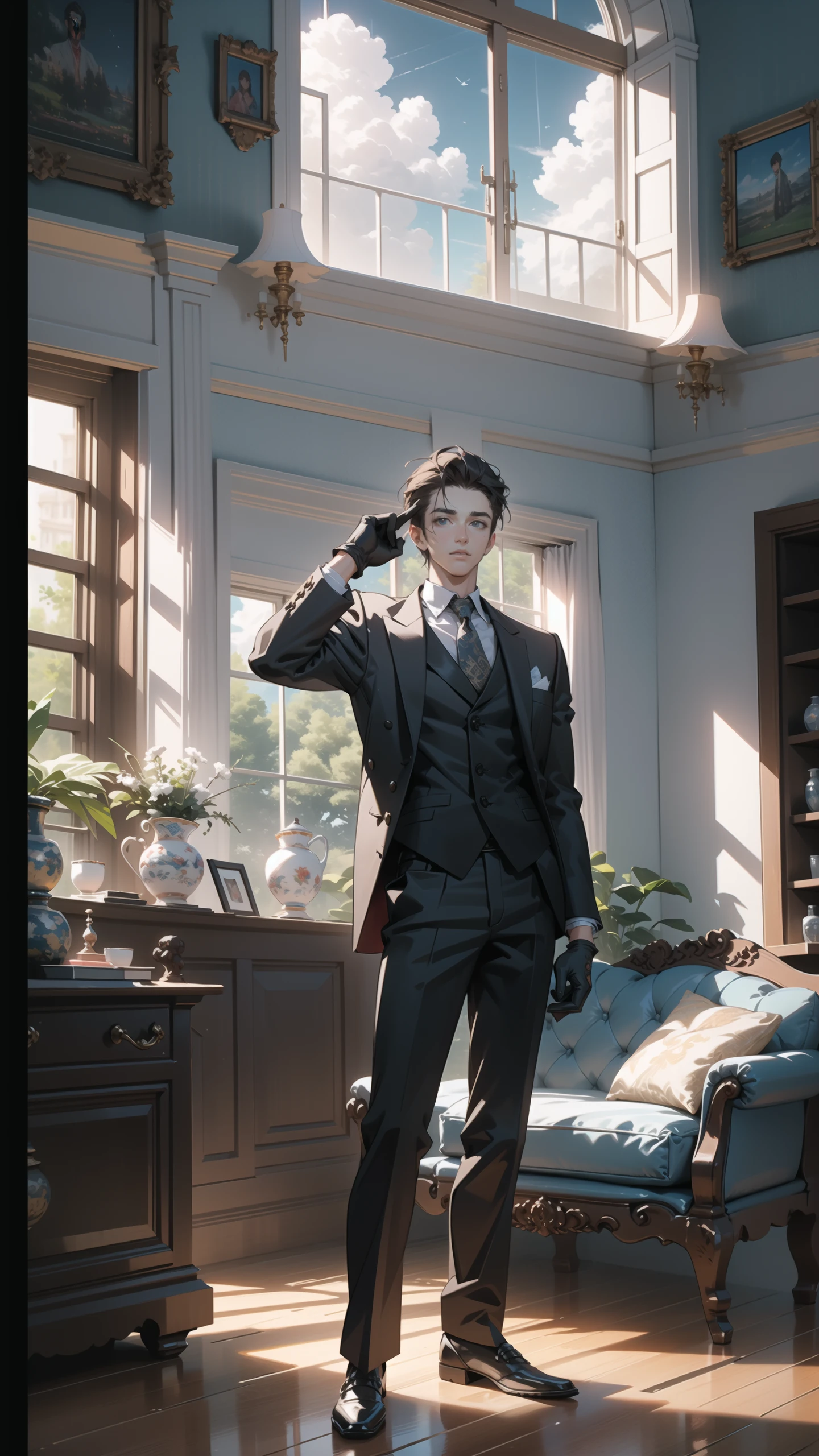 (masterpiece:1.2), (best quality:1.2), (extremely detailed:1.2), (photorealistic:1.2),(illustration:1.2),(beautiful and aesthetic:1.3),beautiful scenery,(Masterfully crafted Glow,lens flare),
(realistic:1.3), (extremely intricate:1.2), (photorealistic:1.4), (extremely delicate), (ultra realistic:1.3),(hyperrealistic 3d render), hyperrealistic photography, extremely detailed CG unity 8k wallpaper, HDR, RAW photo, dslr,
ceo,1male,mature male,solo,male focus,(adjusting gloves:1.3),hand up,arm up,looking at viewer,close mouth,full body,standing,brown hair,hair slicked back, short hair,slender eyes,low brow, square jaw,(tanned brown skin:0.9), formal,collared shirt,necktie,open jacket,black suit,black blaze,black pants,tall muscular guy,handsome face,black glove,sharp focus, wide shot,
day,indoors, living room, (intricately detailed visible background:0.6),((caustic)), floor windows, blue sky, curtains,table, couch, building, plant,reflective floor, cloud, wooden floor, dramatic shadow,bookshelf, railing, carpet,vase, hanging pictures, potted plant,
colourful,(Cinematic masterpiece),splashes of colour,beautiful, (center focus), symmetrical,(detailed glow),(intricately detailed visible background:0.6),((caustic)),ambient occlusion,photorealistic, digital painting, artstation, illustration, concept art, smooth, modern and trendy,
<lora:1male_sun:0.7>