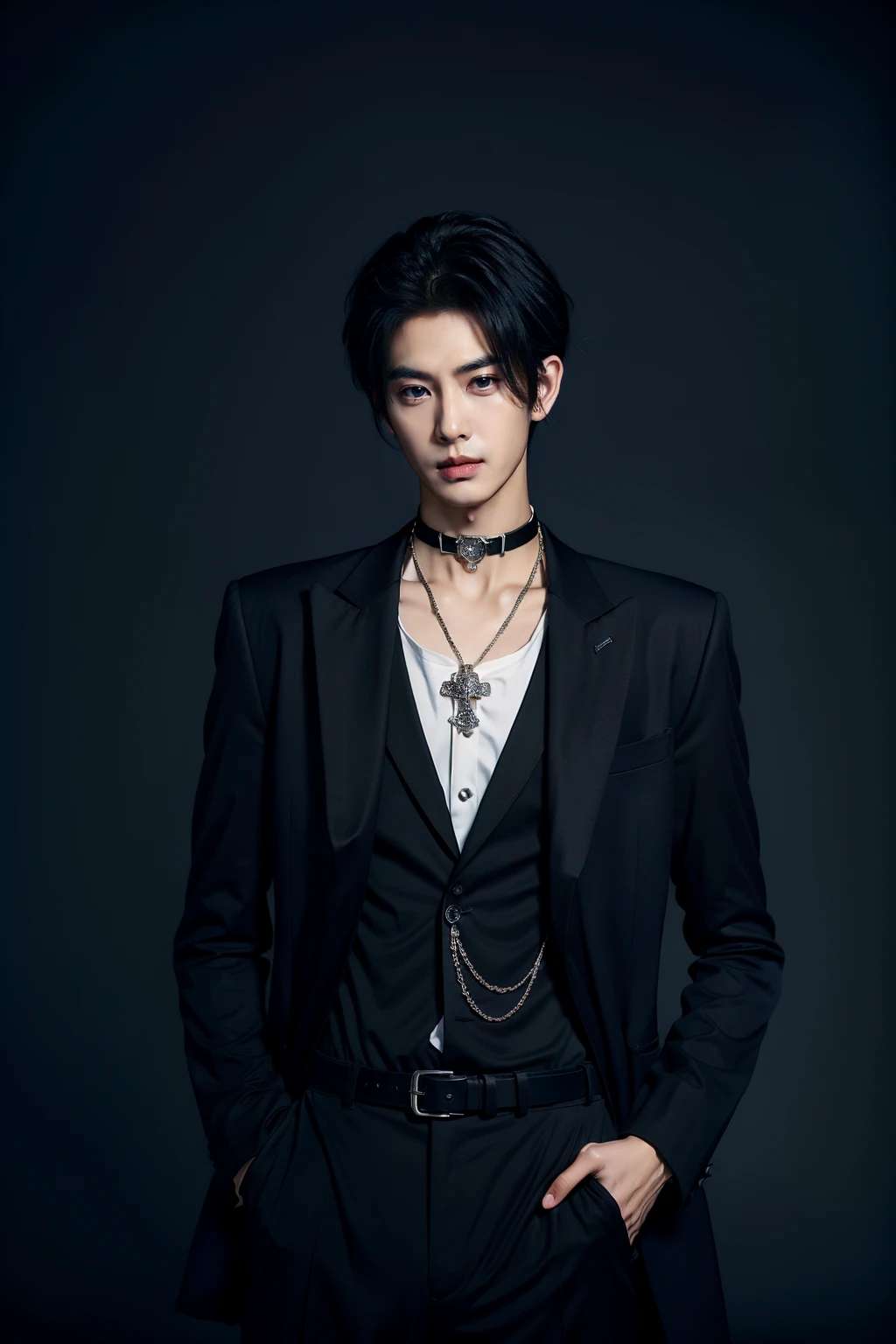 sd mai,Suit thug,1boy,black hair,male focus,solo,hands in pockets,formal,suit,looking at viewer,choker,belt,jewelry,necklace,
<lora:è¥¿è£æ´å¾Suit thug:0.8>,