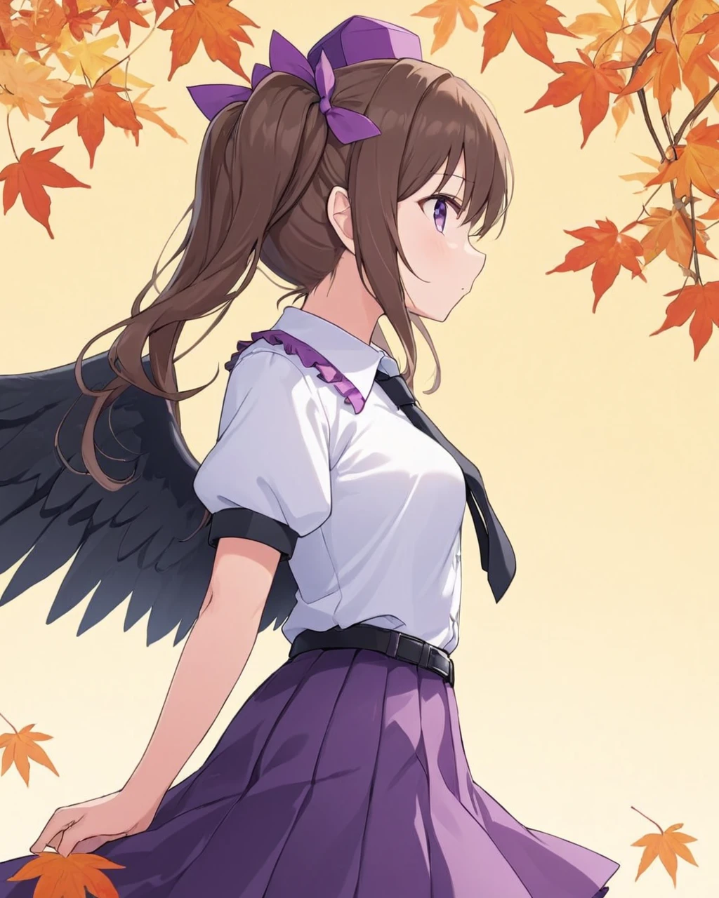 himekaidou hatate,1girl, solo, tokin_hat, checkered_skirt, twintails, black_wings, feathered_wings, purple_headwear, purple_skirt, white_shirt, puffy_short_sleeves, purple_background, closed_mouth, feathers, collared_shirt, from_side, bird_wings, purple_ribbon, black_necktie, cowboy_shot, black_skirt, egasumi, frilled_shirt_collar, profile, autumn_leaves, maple_leaf, medium_breasts, black_belt, bow
<lora:himekaidou_hatate_image2639_2023-12-20-000010:1>,star-shaped_pupils,symbol-shaped_pupils,. gorgeous,key visual, vibrant, studio anime,award-winning, professional, highly detailed,high budget, cinemascope