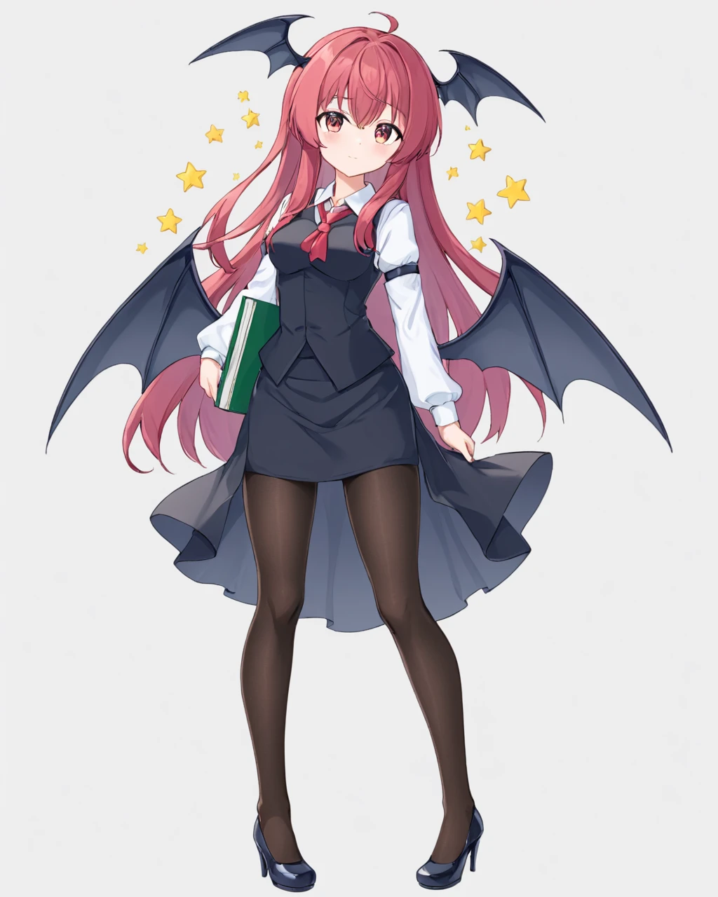 koakuma,1girl, solo, head_wings, high_heels, white_background, simple_background, full_body, long_sleeves, looking_at_viewer, black_pantyhose, black_footwear, bat_wings, holding_book, white_shirt, black_skirt, medium_breasts, pencil_skirt, collared_shirt, blush, low_wings, standing, demon_wings, black_vest
<lora:koakuma_image4390_2023-12-14-000008:1>,star-shaped_pupils,symbol-shaped_pupils,. gorgeous,key visual, vibrant, studio anime,award-winning, professional, highly detailed,high budget, cinemascope
