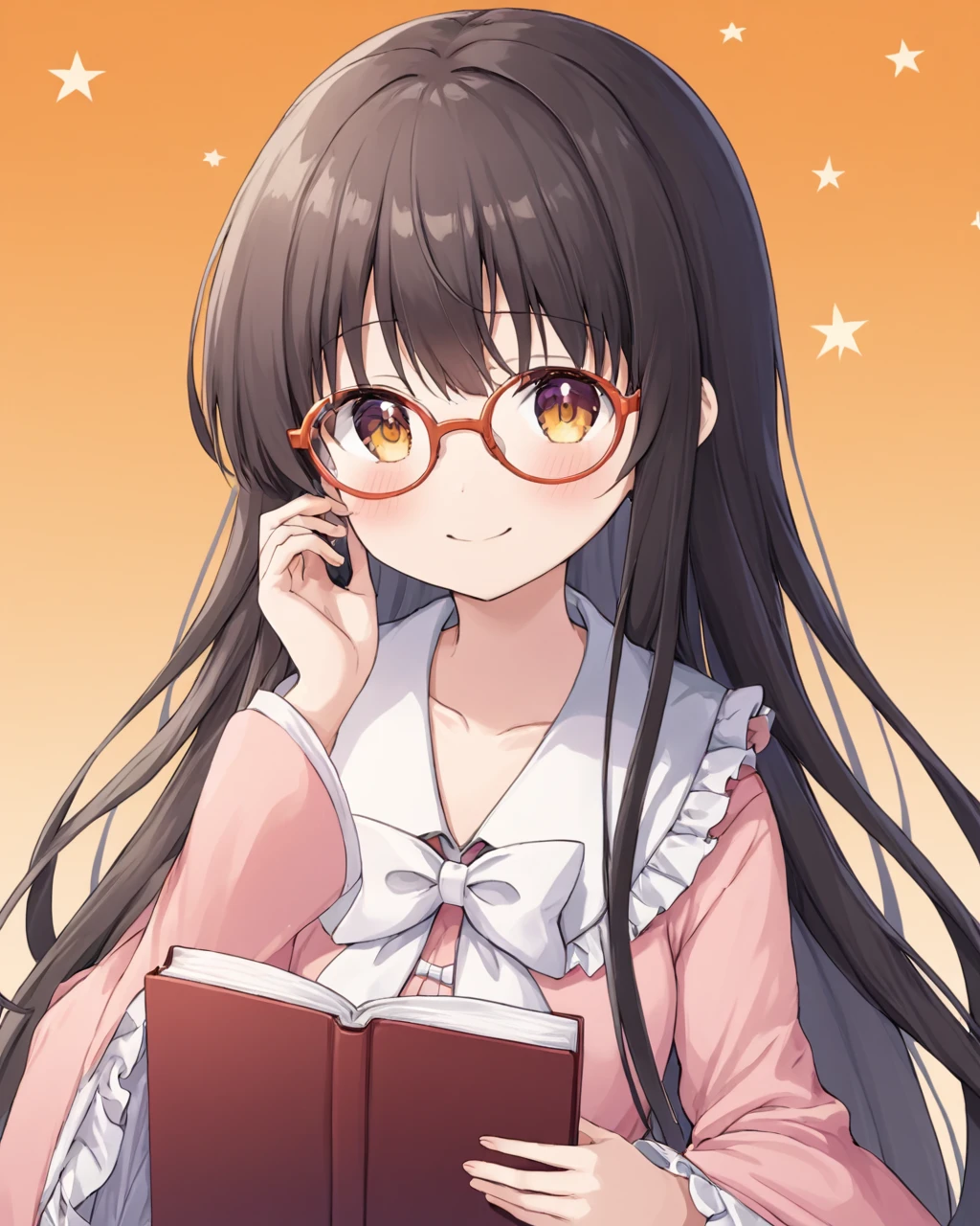 houraisan kaguya,1girl, solo, bespectacled, smile, long_sleeves, red-framed_eyewear, looking_at_viewer, wide_sleeves, holding_book, adjusting_eyewear, white_bowtie, upper_body, blush, pink_shirt, sidelocks, frilled_shirt_collar, closed_mouth, hand_up, hime_cut, under-rim_eyewear, gradient, gradient_background, orange_background
<lora:houraisan_kaguya_image2025_2023-12-14:1>,star-shaped_pupils,symbol-shaped_pupils,. gorgeous,key visual, vibrant, studio anime,award-winning, professional, highly detailed,high budget, cinemascope