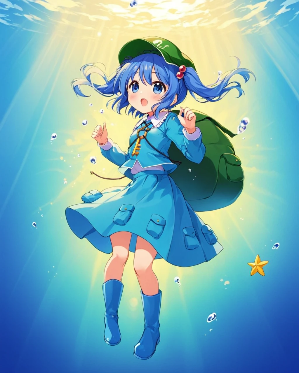 kawashiro nitori,1girl, solo, backpack, underwater, open_mouth, hat, key, air_bubble, blue_footwear, two_side_up, long_sleeves, rubber_boots, dress, shirt, skirt_set, :d, green_headwear, full_body, twintails, pocket, hair_bobbles, blue_skirt, blush
<lora:kawashiro_nitori_image4714_2023-12-17:1>,star-shaped_pupils,symbol-shaped_pupils,. gorgeous,key visual, vibrant, studio anime,award-winning, professional, highly detailed,high budget, cinemascope
