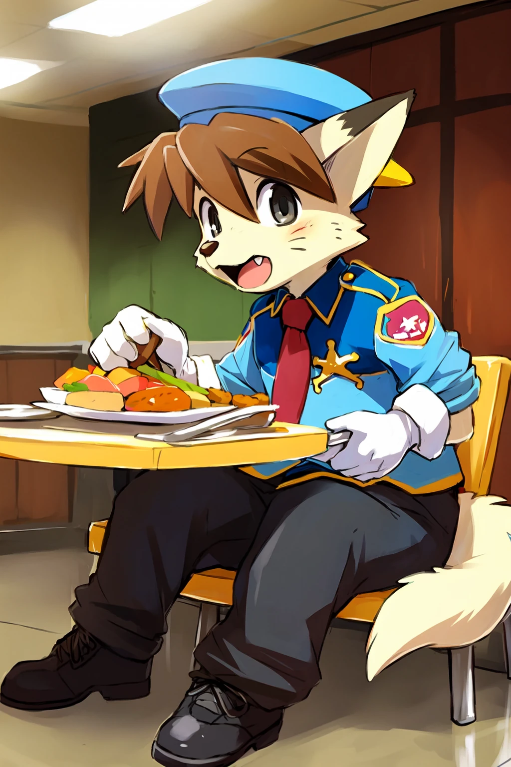 waffletc, 1boy, solo, by manmosu marimo, furry male, dog boy, sitting at table, police uniform, police hat, boots, gloves, short sleeves, badge, pants, animal nose, animal ears, grey eyes, detailed eyes, body fur, whiskers, brown hair, open mouth, :d, fang, tail, red necktie, (masterpiece, best quality:1.3), detailed background, indoors, cafeteria, lunch, tray, food, silverware, 8k, hdr <lora:waffleTC:1>