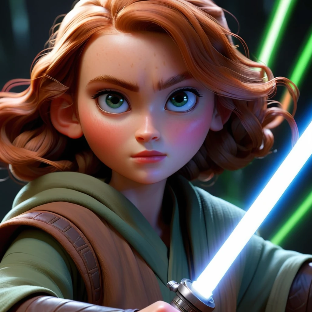Pixar animation of a pretty jedi warrior woman wielding a lightsaber in battle , <lora:sasink_xl_1_standard_merged_30_35_72_05_02_04:1.1>