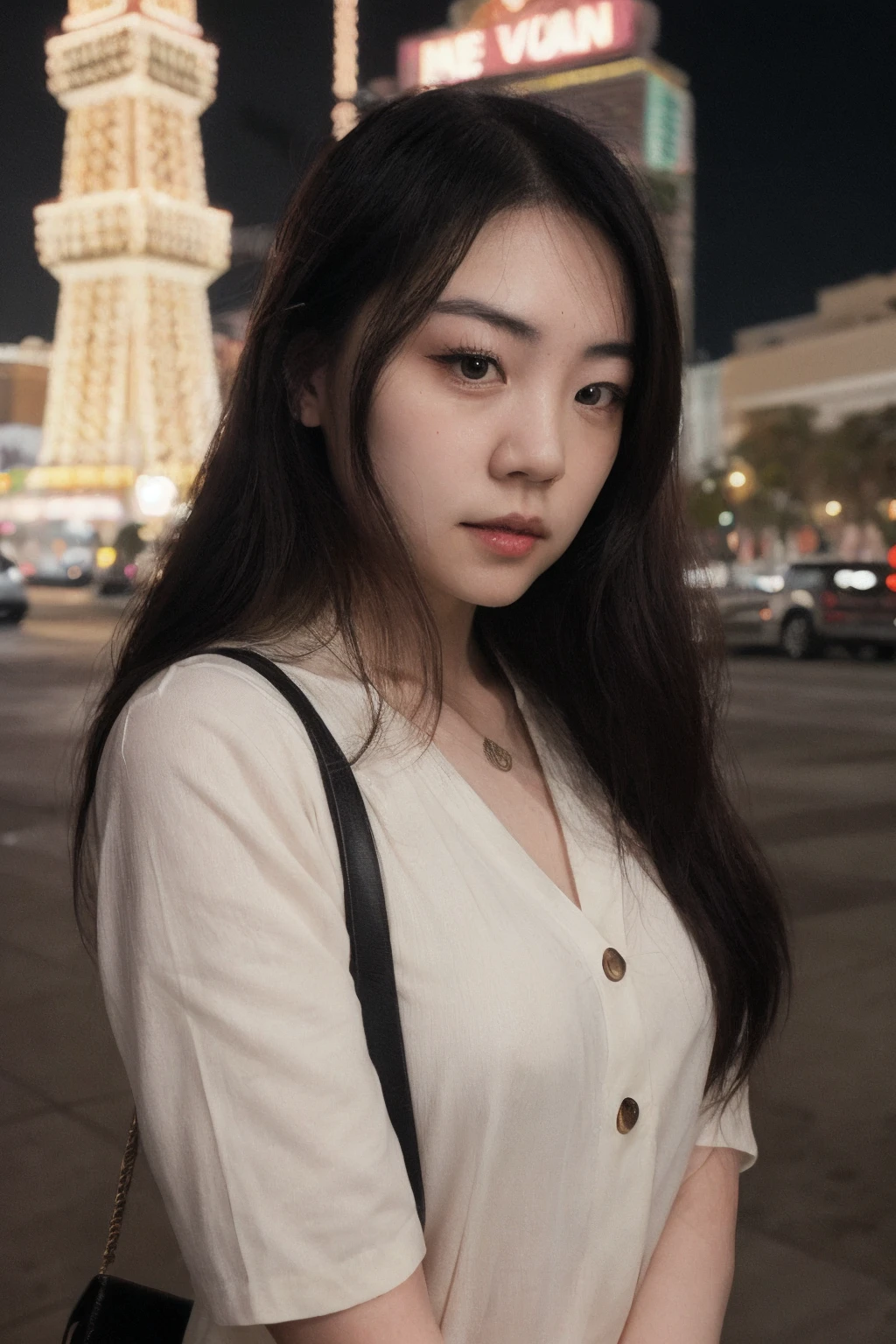 a candid headshot portrait of fanfan, looking away, right side, las vegas strip, flash lighting, RAW format high quality photograph, Fujifilm X-E4, Fuji 75mm f1.2 lens, <lora:fanfan:0.85>